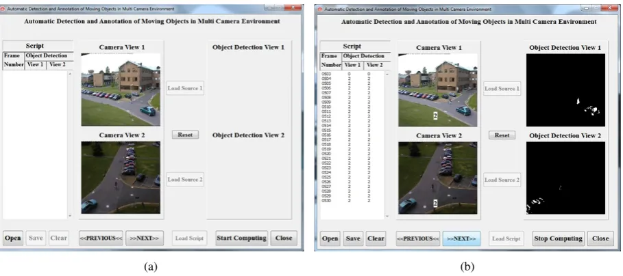 Figure 3: Snapshots of DALES software windows, in the phase of: (a) loaded multi views; (b) detectedmoving objects.