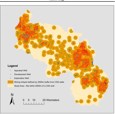 Figure   7:   Regions   within   the   study   area   within   2km   of   a   CSG   well   in   2013   