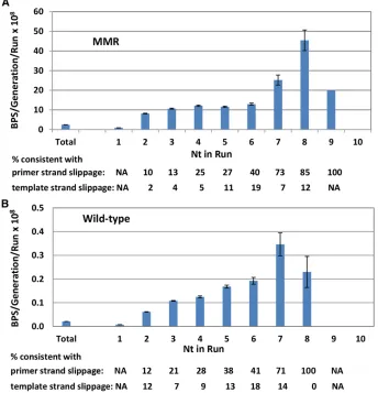 Figure 3 Mononucleotide runs are hotspotsper generation was divided by the total num-ber of nucleotides in the genome minus thenucleotides in runs