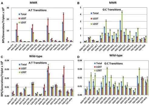 Figure 4 The DNA-strand bias of transition mutations varies strongly with sequence context in MMR-defective strains, but weakly in MMR-protriplet