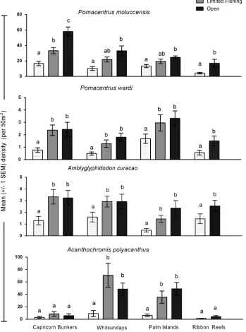 Fig. 6. Density (mean 6locations Letters above bars indicate groupings based on post hoc analysis: different letters indicate significantcuracao,1 SE) of the key prey species; Pomacentrus moluccensis, P