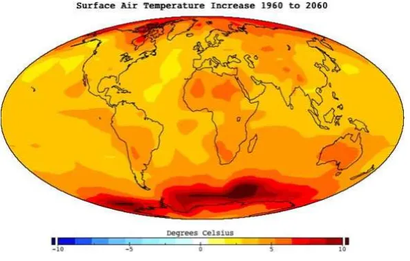 Figure 1. Simulated surface air temperature increase by the year 2060 [11]. 
