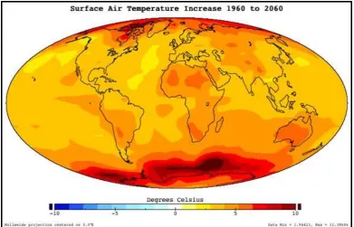 Figure 1.1 Simulated earth surface air temperature increase by the year 2060 (Rob 2005)