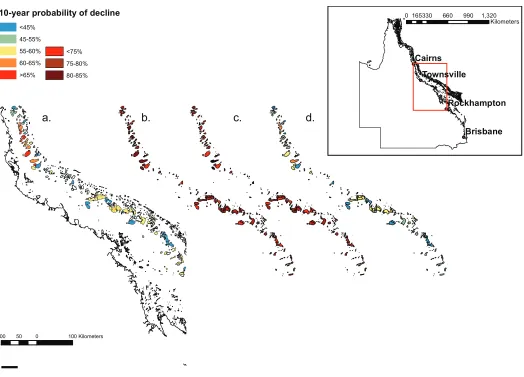 Fig 2. Model outputs for 10-year probability of decline of hard coral cover for each scenario: a) baseline; b) climate change without localmanagement c) climate change with local management; d) local management without further climate change