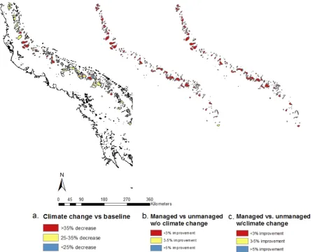 Fig 3. Relative change in probability of decline in hard coral cover between two scenarios: climate change without local management and thebaseline scenario