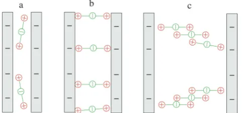 Fig. 8Schematic illustration of three situations with diﬀerent plateseparations: (a) D o l, (b) l = D, and (c) D 4 l, where l is the length ofrod-like zwitterionic polymers.