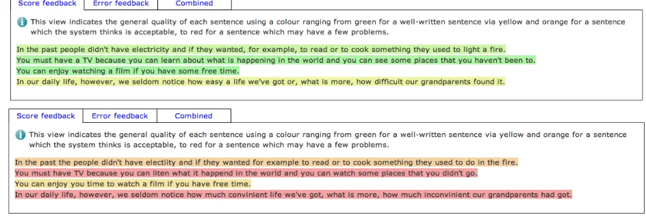 Figure 2: Examples of correct sentences (top) and incorrect ones (bottom) colour-coded by the SAT system.