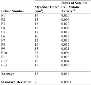 Table 1.  Myofiber cross-sectional area (CSA), satellite cell mitotic activity, and nuclei per unit area of 25-day fetuses determined using the in ovo administration of BrdU