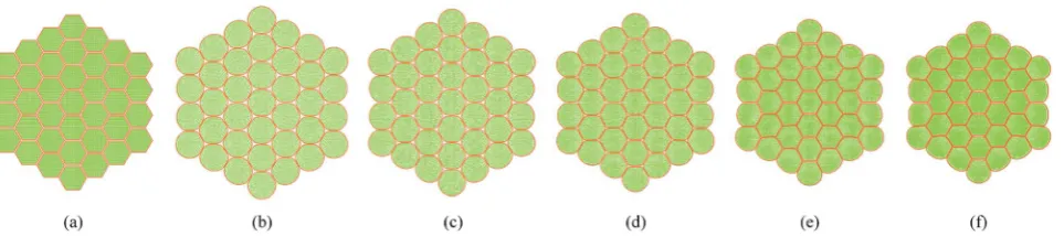 Fig. 87-cell tissue model (enlarged view): (a) initial condition before simulations. (b) Turgid condition:conditions: (c) X/X0 ¼ 1.0 & PT ¼ 200 kPa