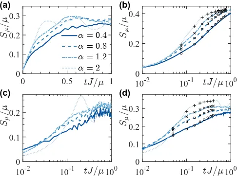 FIG. 8:The entanglement entropy in LRFH model computedthe leading contribution at short time growth logarithmicallyin time