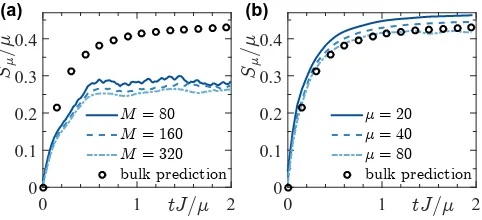 FIG. 7:The entanglement entropy in LRFH model withof ∆partition case withselection of system and subsystem sizes, which is shown toconverge to the prediction (M α =0.8, computed using exact numerical techniques for varioussystem sizes M and subsystem sizes