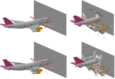 Figure 6. Deformed state at 100 and 400 ms of discrete (top) and particle approach (bottom) 