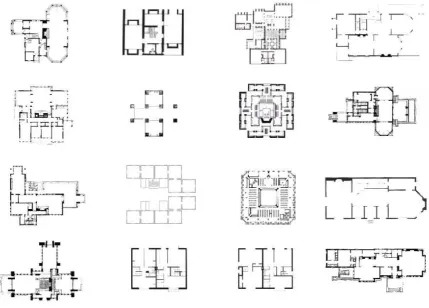 Figure 11 A sample of 16 floor plans from the full set of 54 plans by  Palladio, Lloyd Wright and Khan (source: (Jupp, 2005)) 