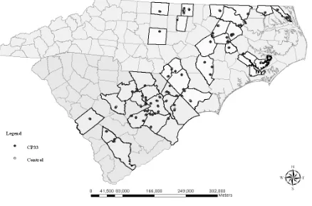 Figure 1.  Locations of distance sampling point counts (154) for northern bobwhite in 21 counties in North Carolina and 15 
