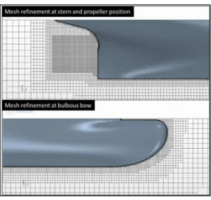 Figure 6. Mesh refinement at stern and bow 