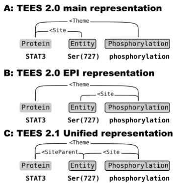 Figure 2: A uniﬁed representation (C) is intro-duced for site-arguments, replacing the differ-ent TEES 2.0 representations and enabling site-arguments to be processed as any other event ar-guments.