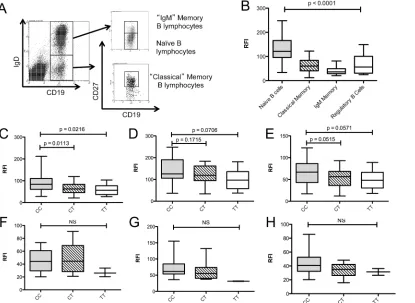 Fig 2. Genotype dependent CD40 protein expression in peripheral B-lymphocyte subsets of MS patients and healthy controls