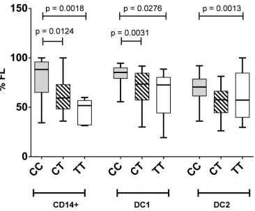 Fig 6. The CD40 risk allele is under expressed in dendritic cell subsets. Association of rs1883832 genotype with CD40 expression was determined invitro in differentiated dendritic cells (DC1, DC2) from healthy controls (non-carriers, CC, or carriers, CT/TT