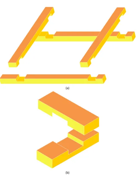 Figure 2. T-shaped lap joint for timber connections between: (a) beams and posts and (b) diagonals