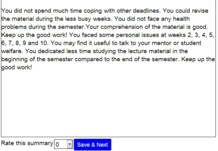 Figure 4: The interface of the 3rd task of data col-lection: the lecturer consults the graphs and ratesthe randomly generated feedback summary (thisgraph refers to the same student as Figures 2 and3).