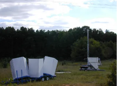 Figure 2.1 Environmental Protection Agency instrumentation cluster of three trailers. In the foreground is the Model-2000 SODAR, further back is the Model 4000 miniSODAR and in the background is the 10-meter tower