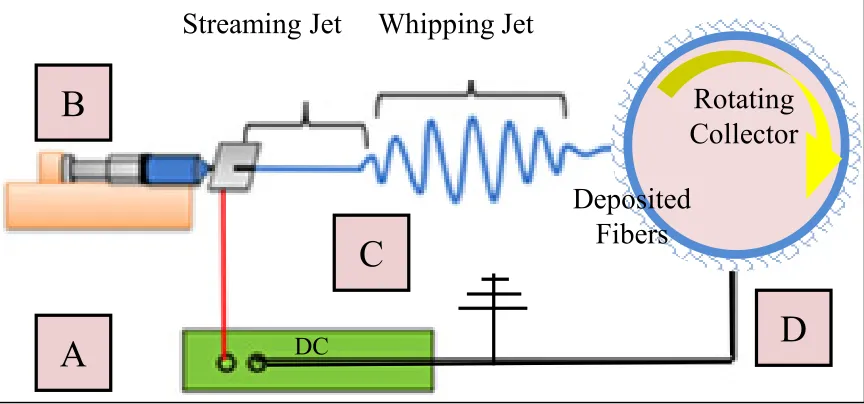 Figure 2-10: Simple electrospinning schematic: Shown are (A) high-voltage power supply connected to a syringe (B), and (C) respective streaming and whipping jet fibers onto (D) a collection apparatus, which can be either grounded or oppositely-regions of p