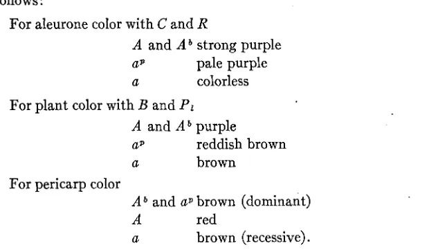 Table 5 combination with the factors gives a summary of the effects of these four allelomorphs C, R, B, PI, P, and 