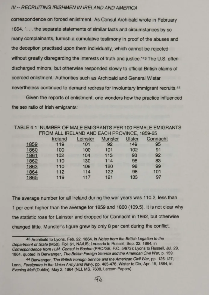 TABLE 4.1: NUMBER OF MALE EMIGRANTS PER 100 FEMALE EMIGRANTSFROM ALL IRELAND AND EACH PROVINCE, 1859-65