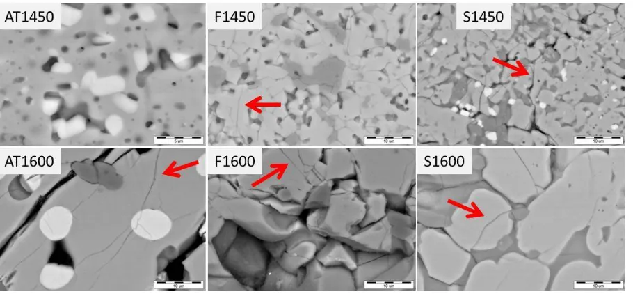 Fig.3.SEM-BSE images of the samples sintered at 1450 °C (upper) and 1600 °C (lower) 