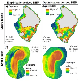 Figure 5. Final DEMs of Lizard Island and Sykes Reef derived from satellite images after optimisation model; (Figure 5.the spatial structure of errors associated with depth estimates have been characterised and accounted for in the DEMs (from left to right, top to bottom): (a) Lizard Island empirical model; ( Final DEMs of Lizard Island and Sykes Reef derived from satellite images after the spatialstructure of errors associated with depth estimates have been characterised and accounted for inthe DEMs (from left to right, top to bottom): (b) Lizard Island optimisation model; (a) Lizard Island empirical model; (c) Sykes Reef empirical model; (b) Lizard Islandc) Sykes Reef empirical model; (d) Sykes Reef optimisation model.d) Sykes 