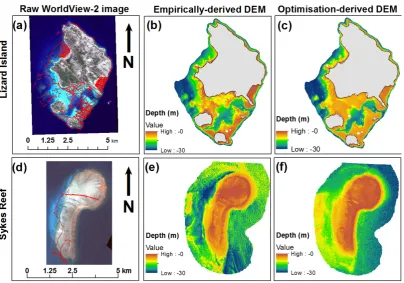 Figure 2. Raw satellite images and bathymetry estimates for study sites (from left to right, of Sykes Reef; (Figure 2.top to bottom): (a) WorldView-2 image of Lizard Island; (b) Empirically-derived bathymetry model for Lizard Island; (c) Optimisation-derived bathymetry model for Lizard Island; ( Raw satellite images and bathymetry estimates for study sites (from left to right, top tobottom): (da) WorldView-2 image of Sykes Reef; () WorldView-2 image of Lizard Island; (be) Empirically-derived bathymetry model forLizard Island; (c) Optimisation-derived bathymetry model for Lizard Island; () Empirically-derived bathymetry model d) WorldView-2 imagee) Empirically-derived bathymetry model for Sykes Reef; (f) Optimisation-derivedbathymetry model for Sykes Reef.