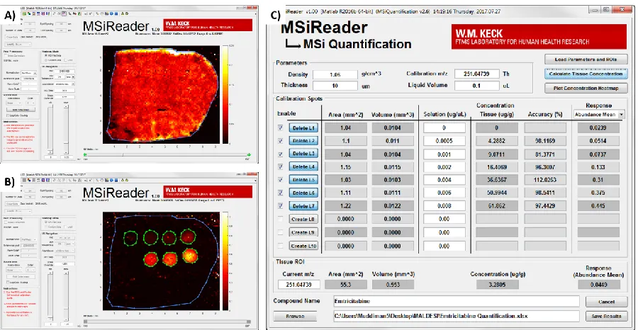 Figure 2.2. MSiQuantification tool for absolute quantification MSI experiments. The tool allows ROIs to be drawn for an area of the tissue to be quantified (A) and up to 10 calibration spots (B)