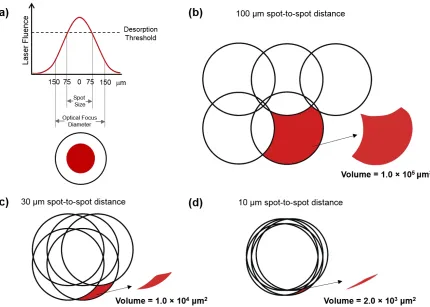 Figure 3.2. The optical focus diameter (300 μm) and the desorption diameter (150 μm) on tissue illustrates the semi-Gaussian distribution of the laser beam (a)
