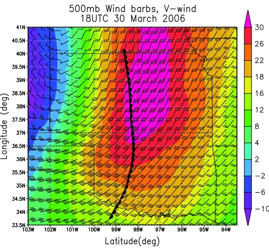 Figure 3.14: 18 UTC 500 hPa v-wind component (shaded) and total wind (barbs) fromNARR data illustrating north/south variation in mid-level winds.This highlights amaximum in the southerly (line-parallel) wind component farther north in Kansas wherethe PS line formed, decreasing to the southwest where the supercells formed.