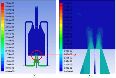 Figure 6. The mole fraction of methane in the combustion chamber and EGR pipe; (a)  is for the full domain (with a mole fraction range between 0 and 0.6), (b) for a zoomed-in 