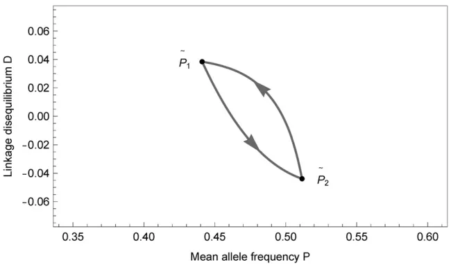 Figure 3 A stable trajectory in the2 maps P–D plane withthe asymmetric-parameter conﬁguration speciﬁedin Table 4