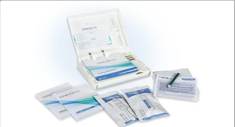 Fig. 2 OraQuick In-Home HIV Test kit contents: instruction booklet (flipchart design), specimen collection device, developer solution vial, pre-testand post-test information booklets, pencil, and disposal bag (Source: http://www.oraquick.com)