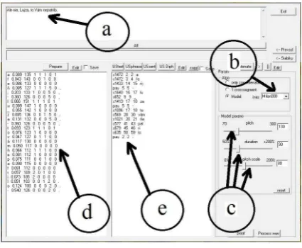 Figure 3: The graphical interface of the unit selection synthesizer: a) text, b) prosody model selection, c) sliders for setting the AvgF0, AvgSr and PDepth, d) needed phonemes e) best syllable candidates found in the database from which the utterance is c