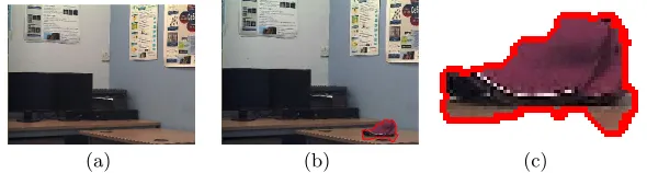 Fig. 2. DA target detection: (a) background image; (b) new frame Fni with the selectedtarget in it; (c) close-up of the portion of Fni sent to the SS.