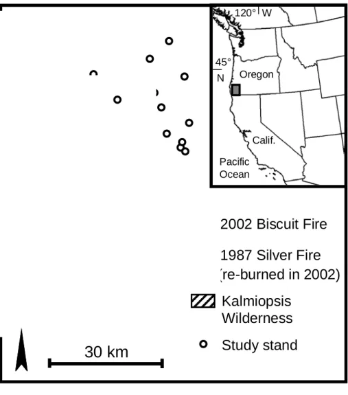 Figure 1.  The 1987 Silver Fire was re-burned by the 2002 Biscuit Fire; both fires were mixed-severity