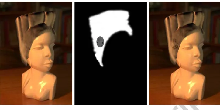 Figure 11: Mattes can be used to modulate hair parameters. The matte shown (center)