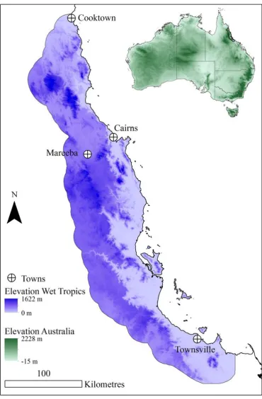 Figure 1.1 Map of the Australian Wet Tropics study area, showing elevation. Locations of relevant towns with official meteorological stations are also shown