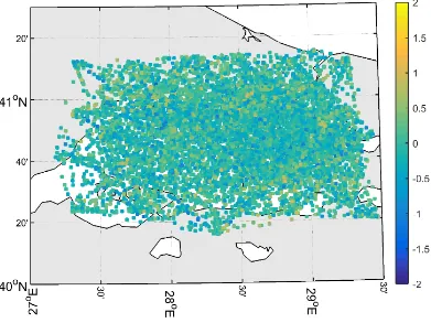 Figure 6: Map of path residuals. Residual is plotted at a random distance between