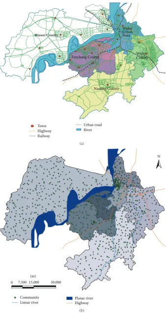 Figure 4: The spatial distribution of Wuhu city: (a) administrative map of Wuhu city; (b) the spatial distribution of communities in Wuhu.