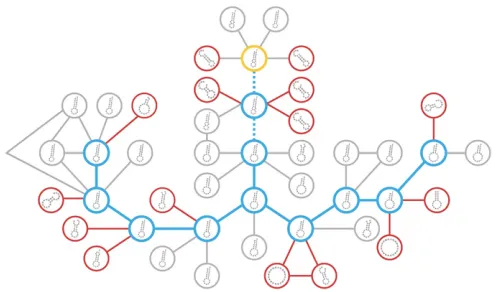 Figure 1 Evolution on a holeyyellow circle); a sequence is inviable otherwise (red circles) (Equation 4).Each simulation starts with a burn-in period where a sequence with thereference structure undergoes three neutral substitutions (thick dashedblue lines