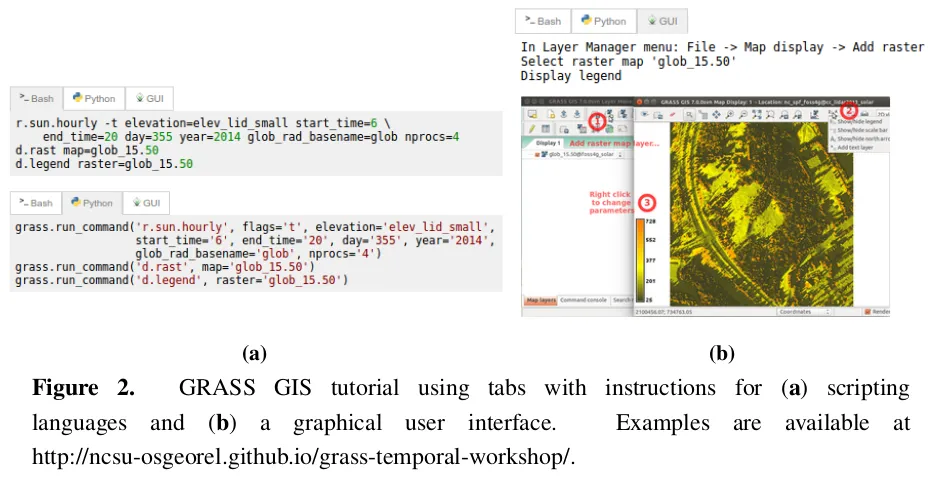Figure 2.GRASS GIS tutorial using tabs with instructions for (a) scripting