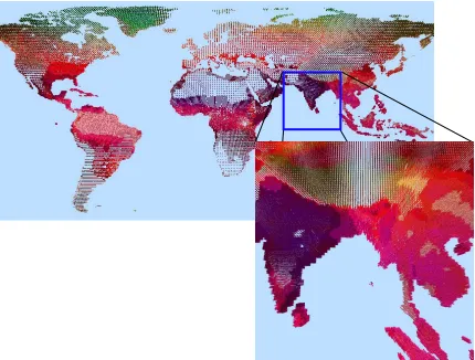 Figure 1.1: A glyph-based visualization of global weather conditions. In the overview, details are occludedbecause of the dataset’s size, while the local view has relocated the majority of the dataset to outside the user’sview.