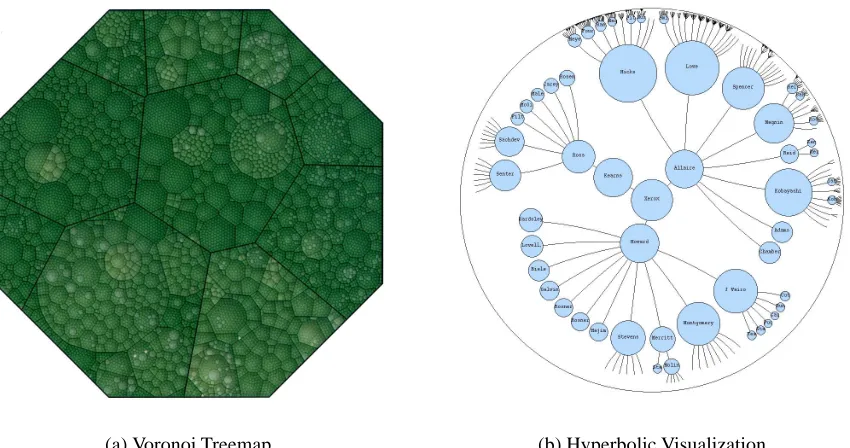 Figure 2.3: (a) is a overview+detail visualization technique: a voronoi treemap visualizing a hierarchical structurewith 16288 nodes and 7 levels