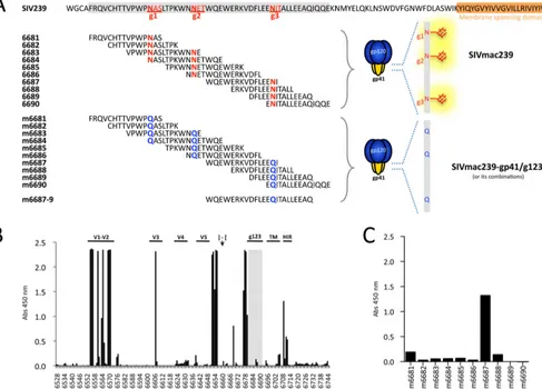 FIG 1 Analysis of antibody responses against peptide sequences underlying the N-linked carbohydrates sites of SIVmac239 gp41 in rhesus macaque 323-92