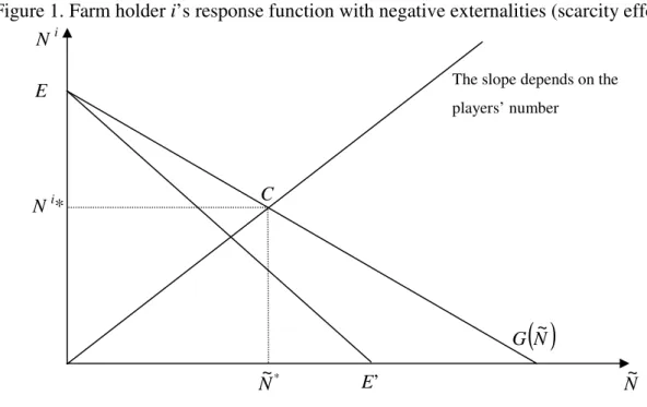 Figure 1. Farm holder i’s response function with negative externalities (scarcity effects)  N  i 